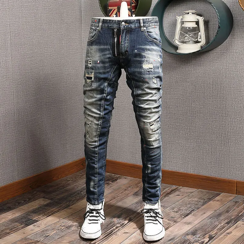 Street Fashion Men Jeans Retro Washed Blue Elastic Stretch Slim Fit Ripped Jeans Men Spliced Designer Hip Hop Biker Pants Hombre
