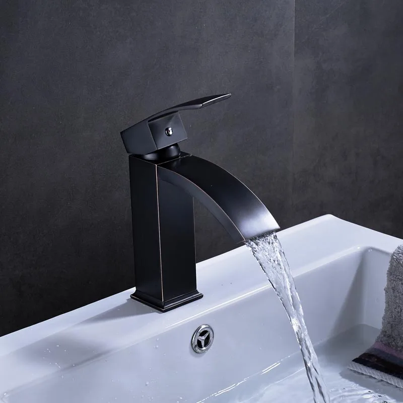 

Deck Mounted Black Basin Faucet Waterfall Square Bathroom Vessel Sink Taps Single Lever Brass Hot and Cold Mixers