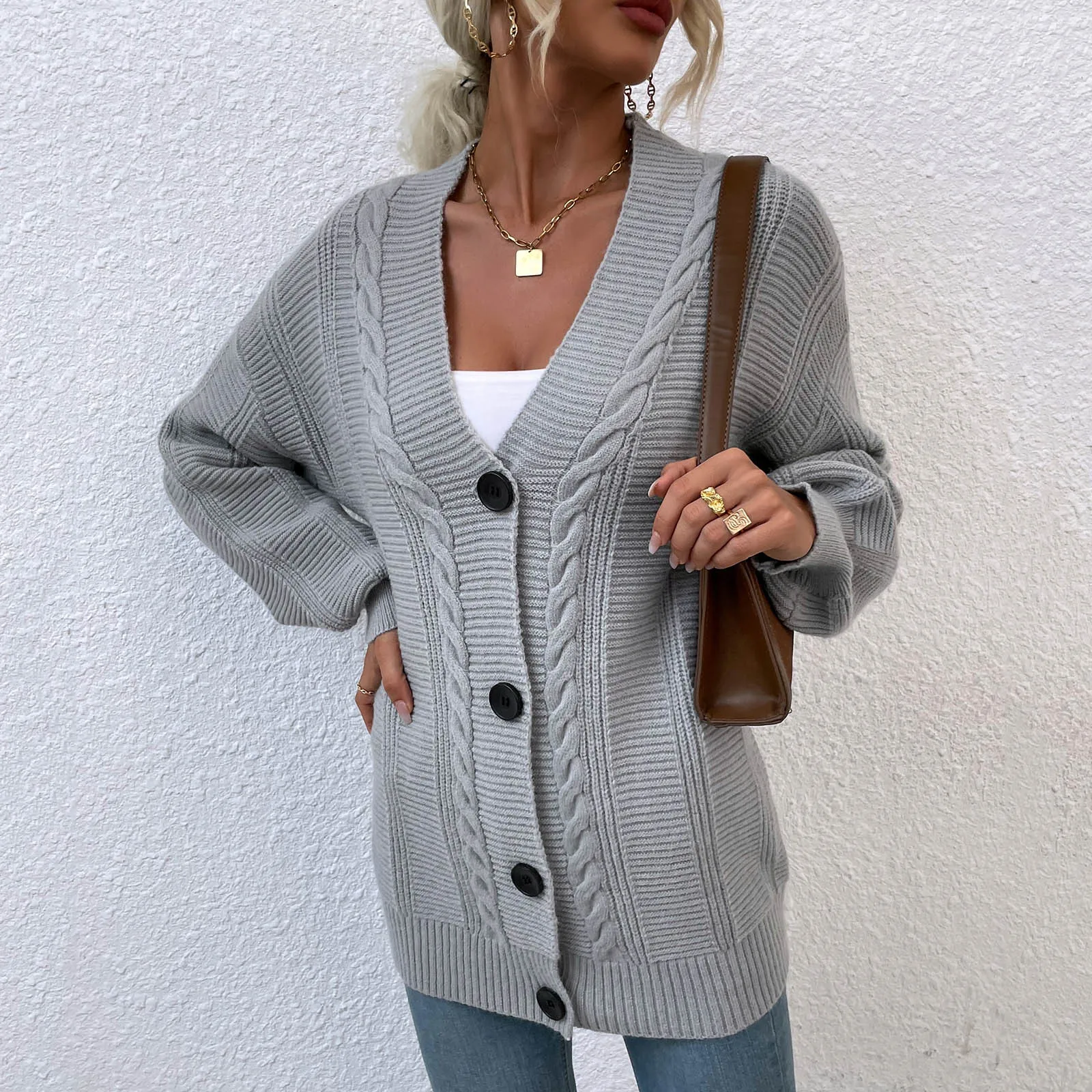 

Sweaters Women Knitting Cardigans Casual Spring 2023 V-Neck Long Sleeve Daily Solid Clothes Single Breasted Brown Cardigans