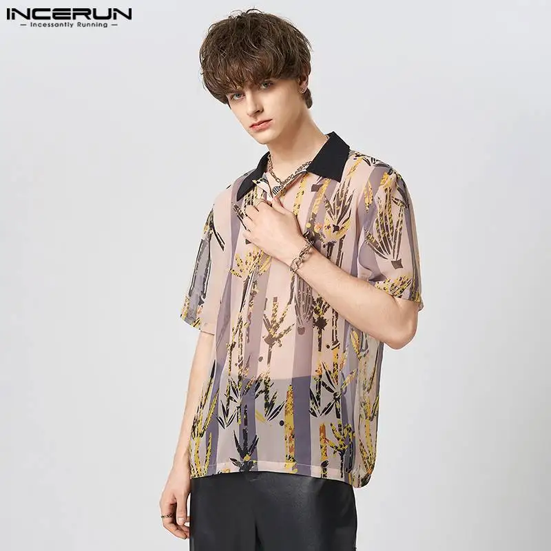 

INCERUN Tops 2023 American Style Men's Fashion Bamboo Pattern Stripe Blouse Casual Vacation Male Print Short Sleeve Shirts S-5XL