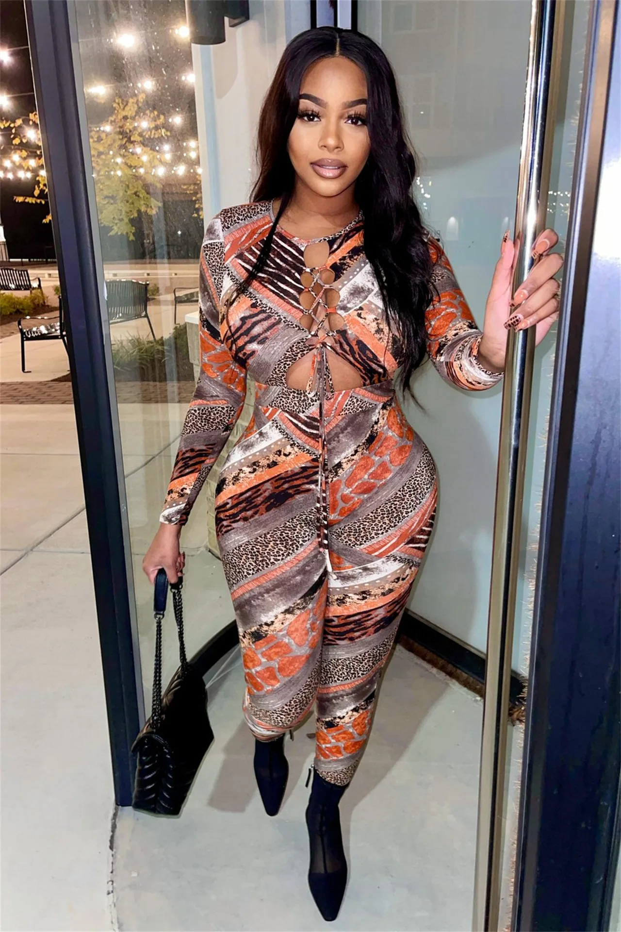 

Женские комбинезоны с леопардовым принтом, пикантные облегающие Комбинезоны на шнуровке с длинным рукавом и вырезом спереди