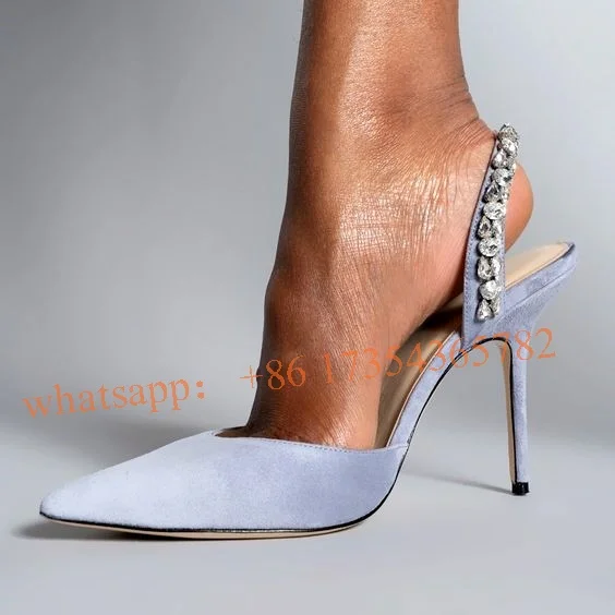 

Bling Bling Slingback Kitten Heels Pointy Toe Stilettos High Heel Rhinestone Sandal Women Summer White Crystal Wedding Shoes