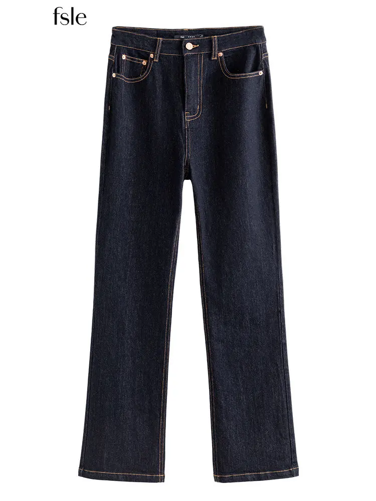FSLE Women's Dark Blue Casual Denim Jean Straight High Waist Jeans Cotton Denim Dark Blue Pant Contrast Line Decoration Trousers