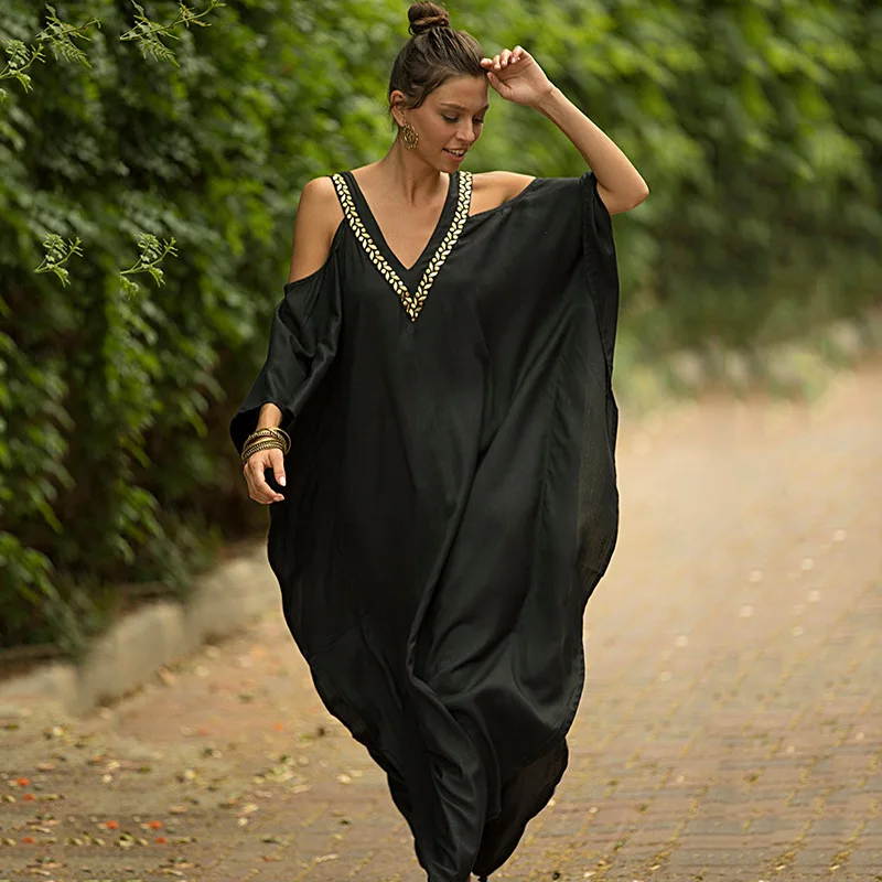 

Women Sexy V-neck Gold Trim Off-shoulder Dress Loose Large Size Beach Blouse African Maxi Dress Ladies Abaya Robe 2022 Summer