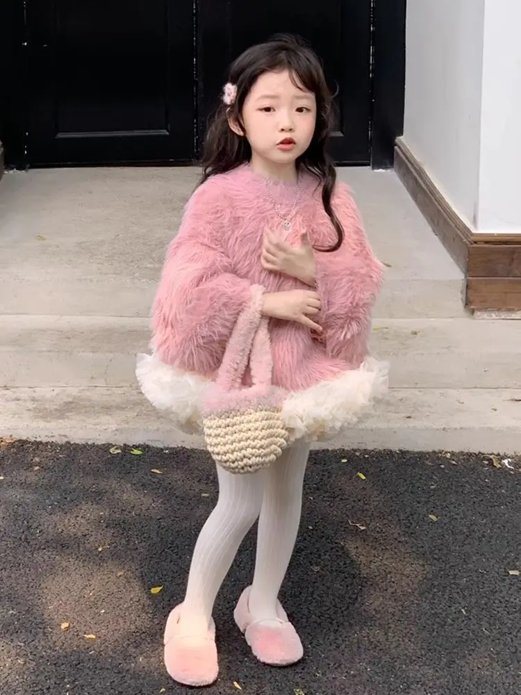 Корейский комплект детской одежды осень-зима 2024 новый розовый меховой топ для