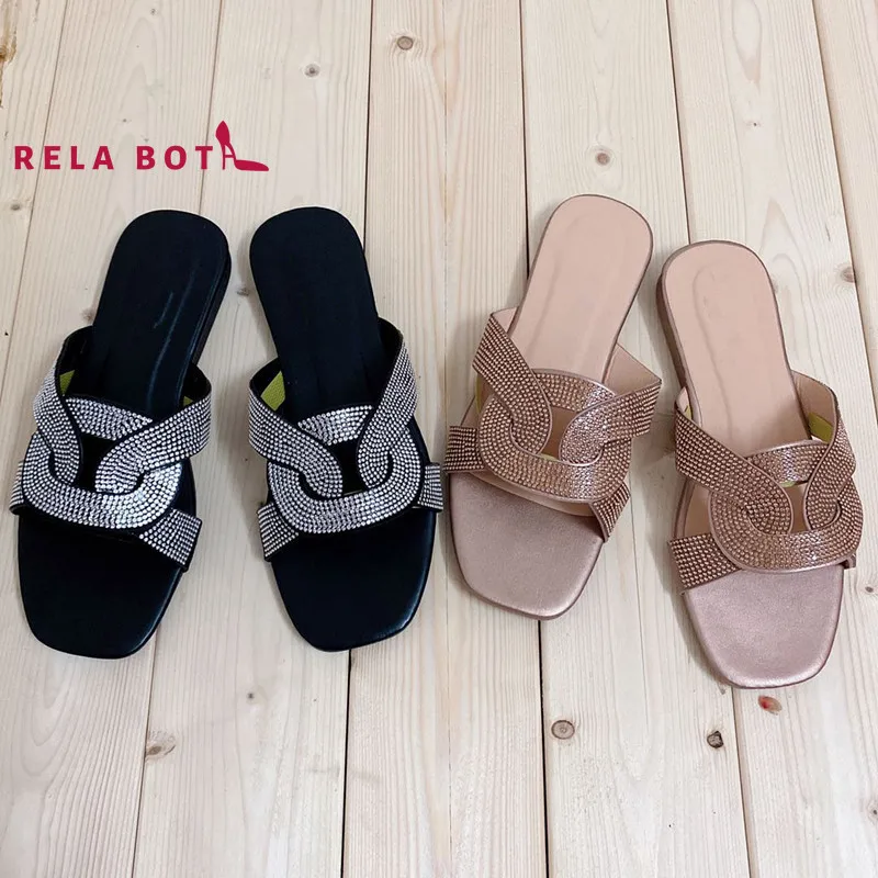 

Rhinestones Color Diamond Leather Casual Outdoor Slippers for Women's Summer Sandals 2021 Fashion Shoes Flat Slippers for Women