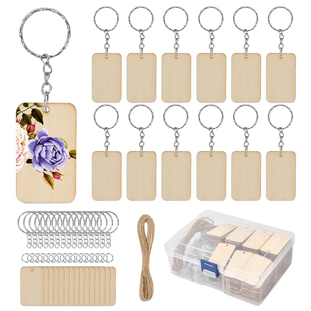 

80Pcs Blank Rectangle-Shaped Wooden Keychain Set 80Pcs Key Rings and Hemp Rope Keychain DIY Keychain Supplies for Craft