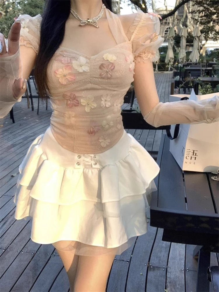 Женские рубашки Ezgaga с цветочным кружевом лоскутное шитье бандажный вырез тонкий