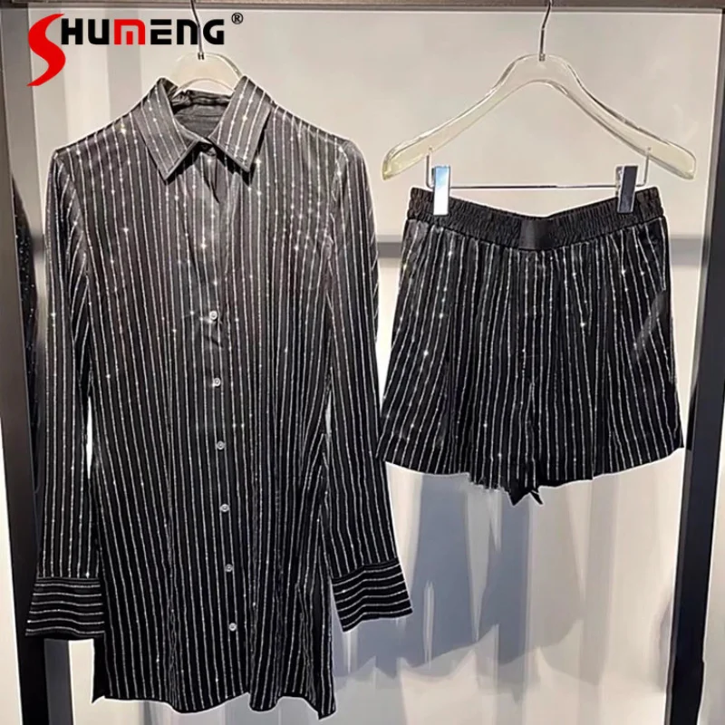 

French Minority Summer 2023 New Hot Rhinestone Shirt Long Sleeve Black Tops Elastic Waist Wide Leg Shorts Versatile Casual Suit