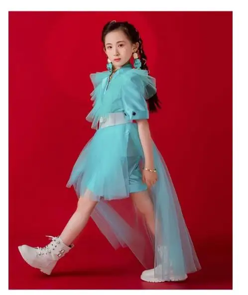 Детская подиумная одежда Kpop для девочек мятно-зеленое летающее сетчатое пальто с