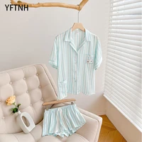 yftnh cute pajama sets for women sleepwear summer cartoon stripe pockets short sleeve shirts and night shorts homewear outfits