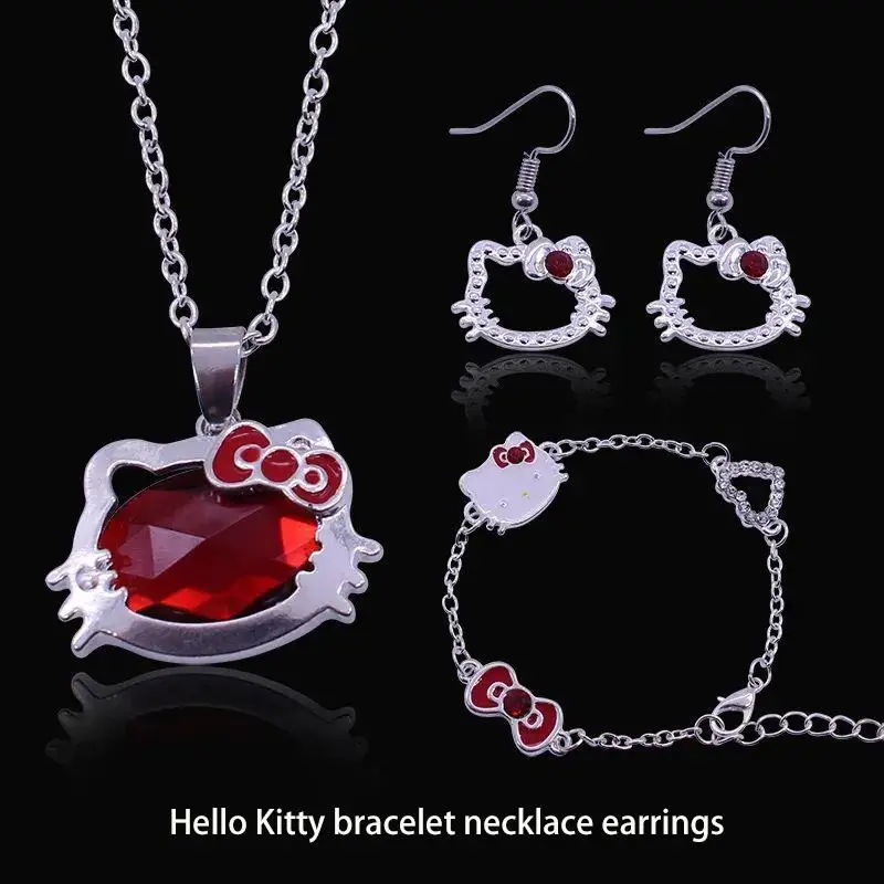 

Sanrio Hello Kitty Bracelet Necklace Earrings Ruby Jewelry Set Accessories Fashion Decorate Delicate Wild Simple Girlfriend Gift
