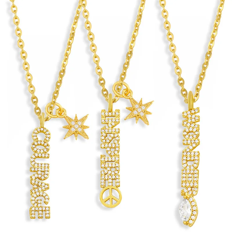 

Trend Zircon Gold-plated Letter GRATEFUL WONDER Word ＆ Peace Star Double Pendant Necklace For Women Men Jewelry Short Chain Gift