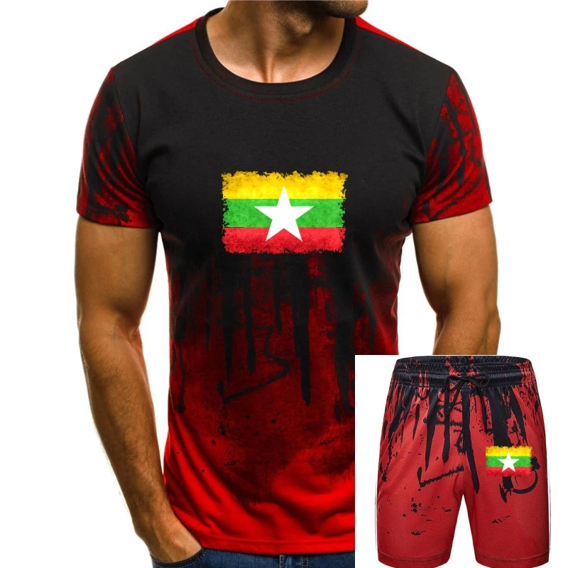 

Myanmar Flag in vintage grunge Normal Summer Fall Cotton Fabric O-Neck Man Tops T Shirt Tee Shirt High Quality Top T-shirts