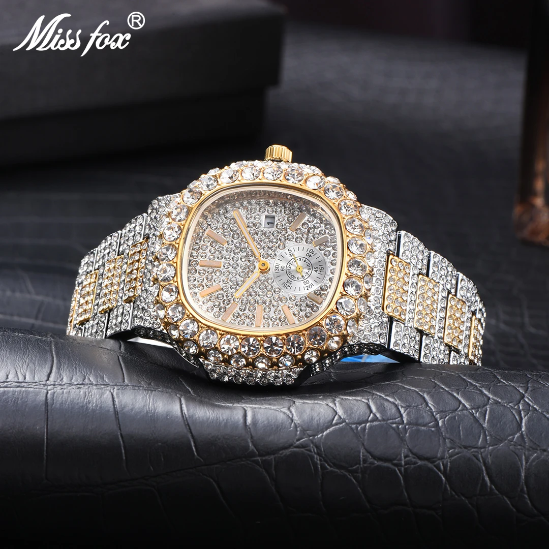 MISSFOX Watch For Men Luxury 18k Gold Stainless Steel Waterproof Male Quartz Reloj Fashion Bling Luminous Men's Wrist Watches