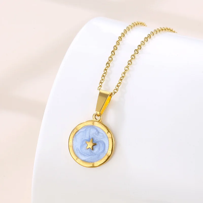 

Round Star Necklace Blue Enamel Stainless Steel Gold Color Pentagram for Women Girls Daily Party Accessories Gifts