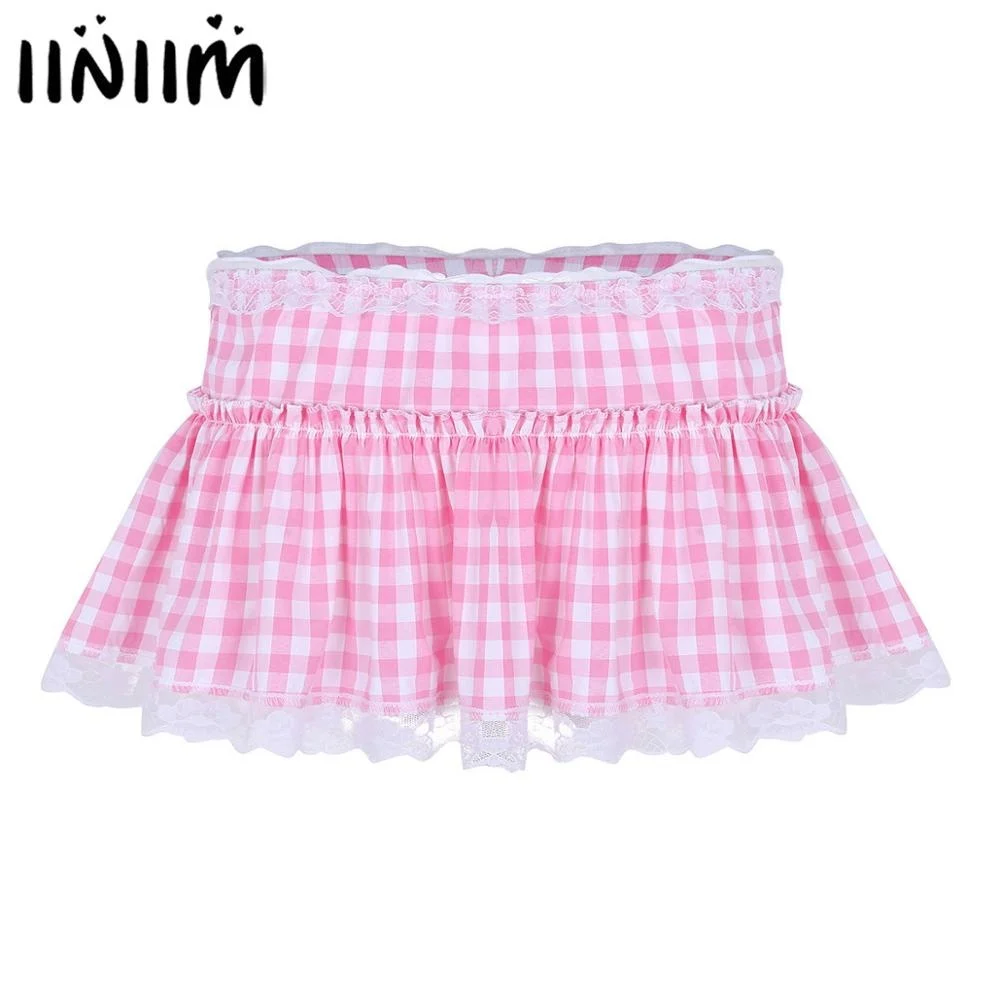 

Womens School Girls Gleeing Skirt Short Gingham Miniskirt with Lace Hem Pleated Sissy Mens Cosplay A-line Mini Skirt
