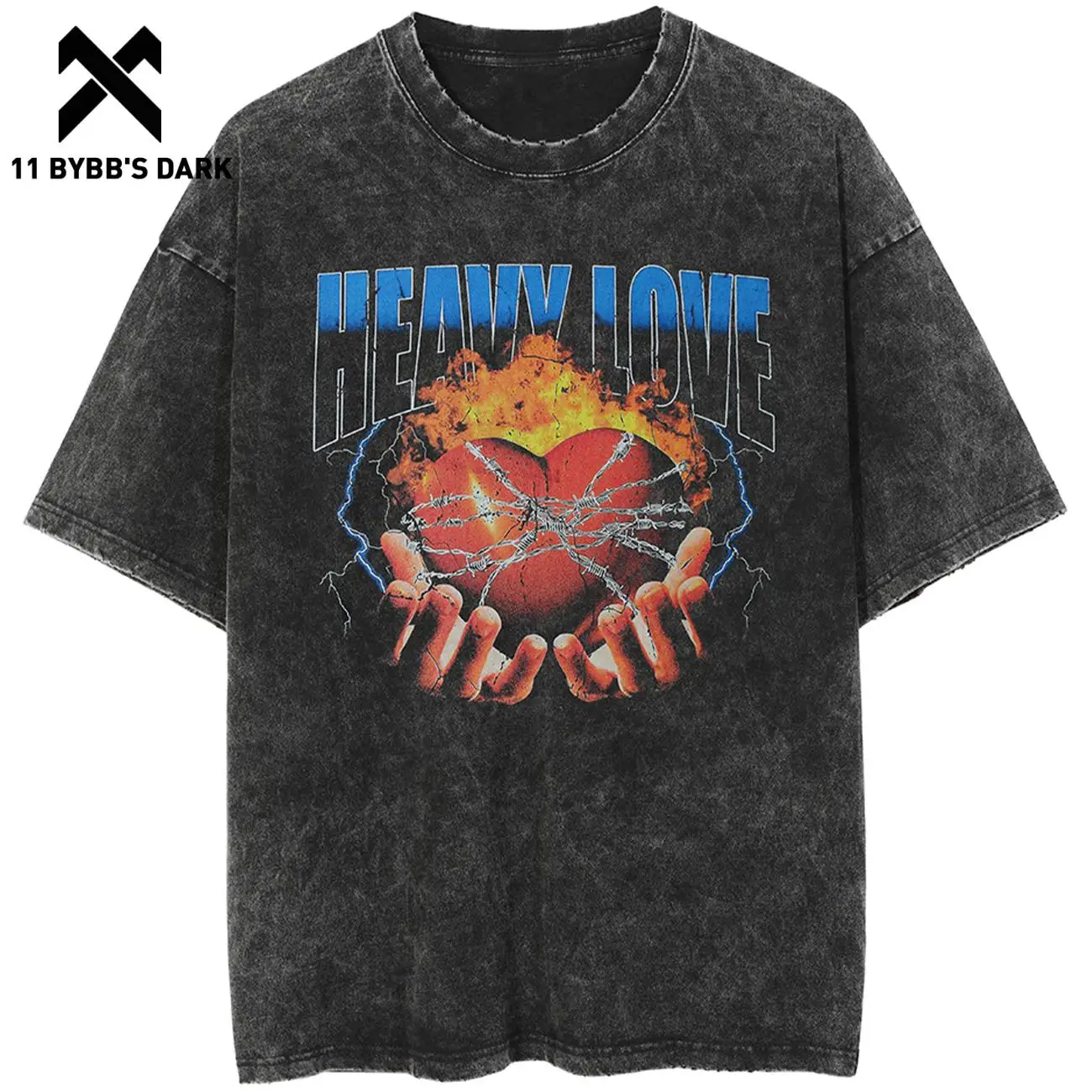 

11 BYBB'S DARK Harajuku Shackles Love Print T-Shirt Mens Hip Hop 2022SS Washed Distressed Vintage Short Sleeve Tee Shirts Tops