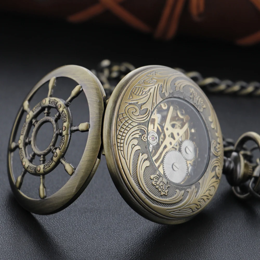 Rudder Hollow Design Bronze Roman Mechanical Pocket Watch High Quality Necklace Timing Pendant Unisex Pocket Watch Gift PJX1463