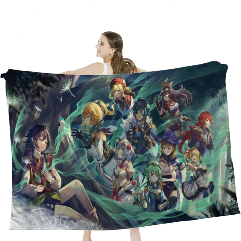 

Genshin Impact Characters Chibi Assemble Throw Blankets Soft Velvet Blanket Camping ,Travel Bedding Blanket