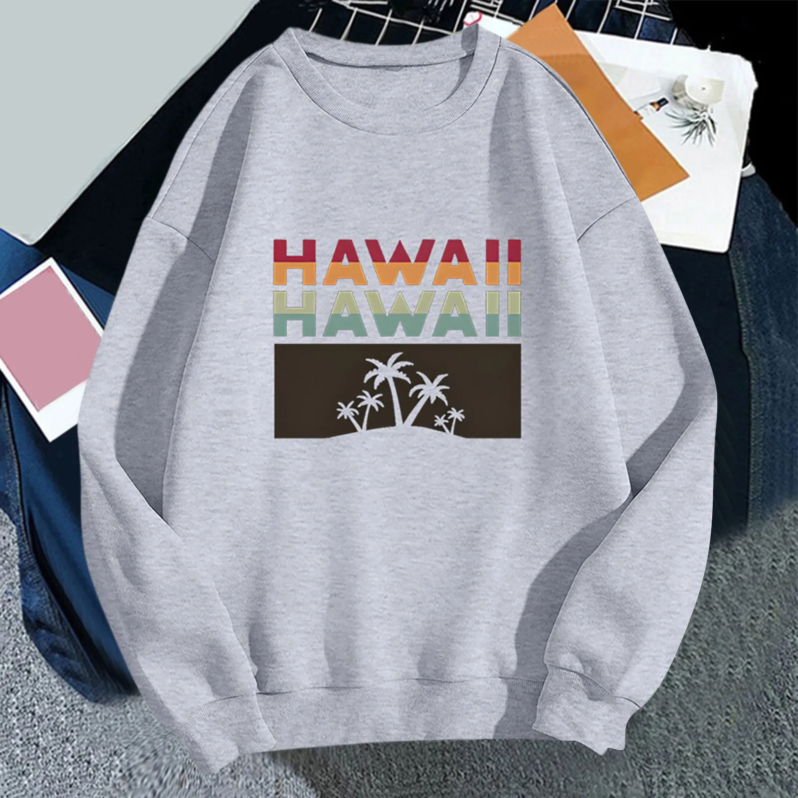 

Hawaii Beach Creativity Splicing Prints Women Hoody Crewneck Comfortable Hoodies Loose Soft Tops Woman Pullovers Autumn Winter