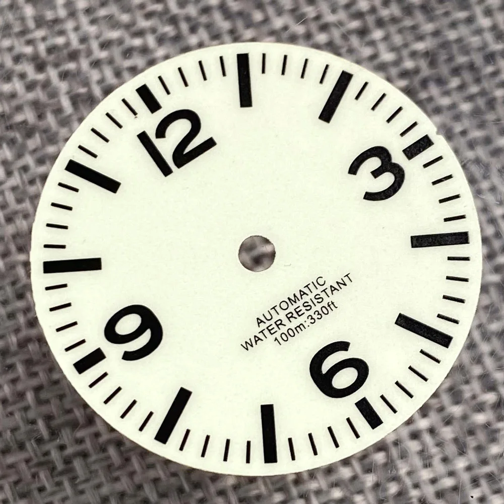 Фото Полностью светящийся белый циферблат 29 мм для NH35 NH36 Dive Pilot Watch, аксессуары, черные цифры, набор рук для часов Mod №4