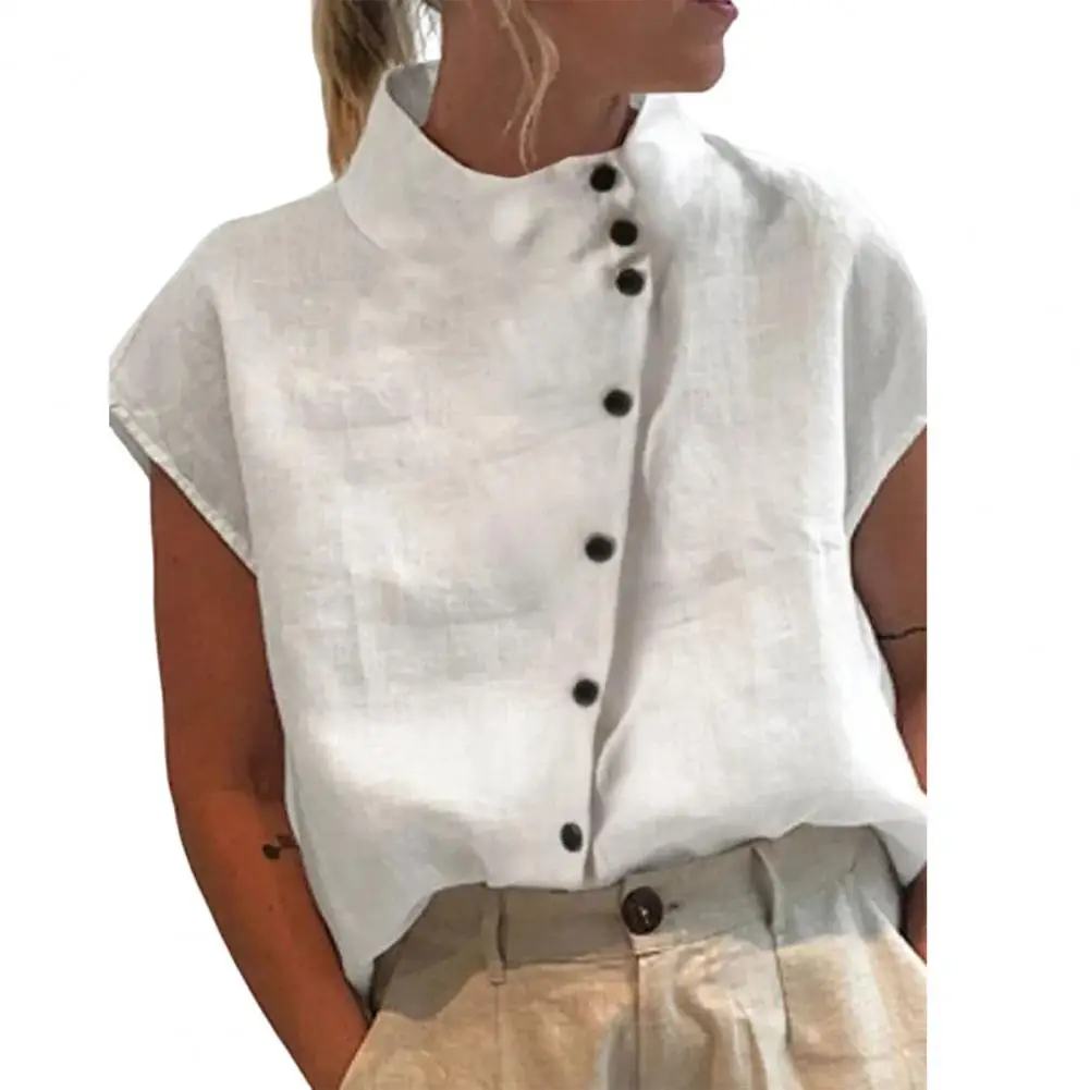

Stand Collar Raglan Short Sleeve Blouses Women Shirt Diagonal Buttons Placket Thin Summer Solid Color Loose Tee Top Streetwear
