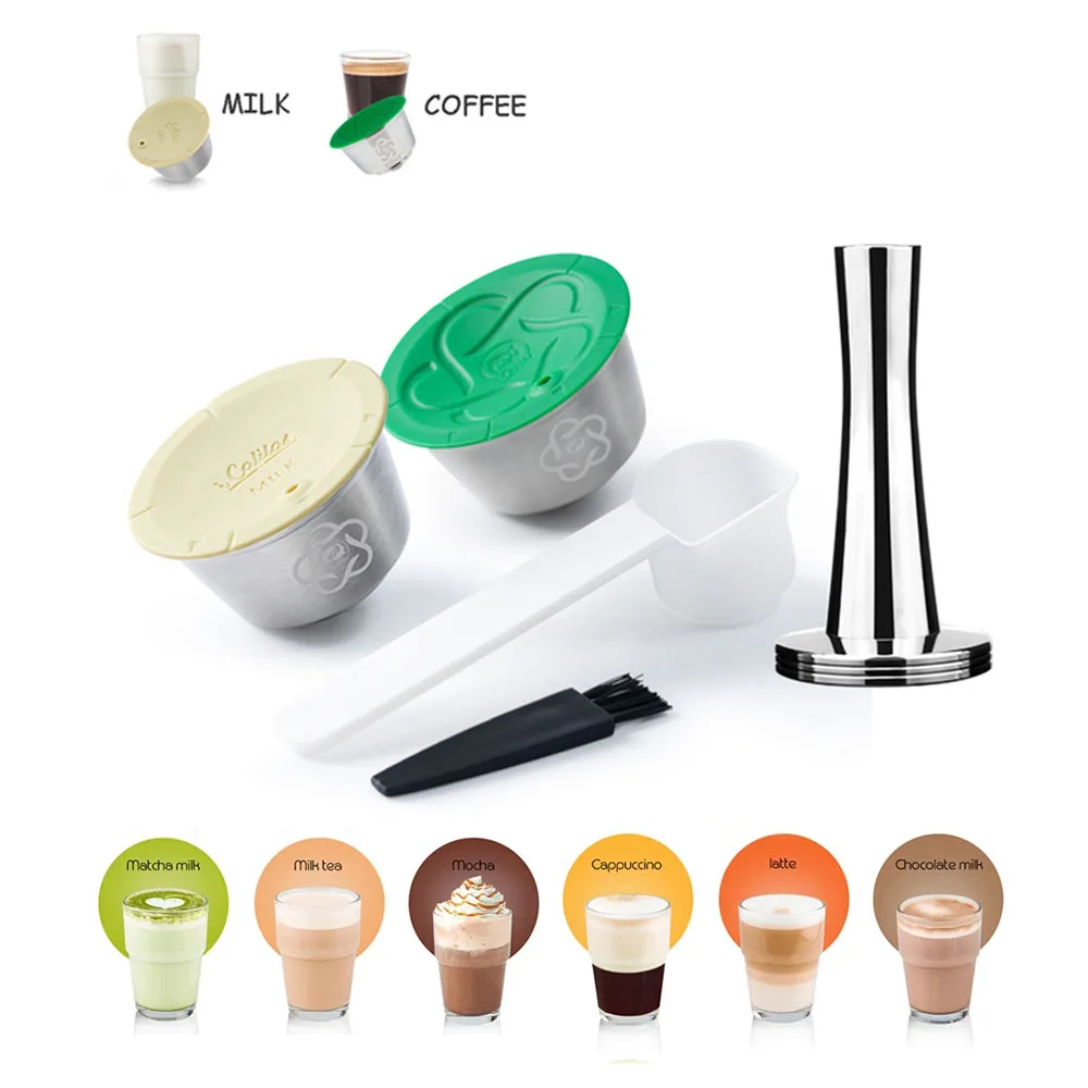 Reusable Dolce Gusto Stainless Steel Coffee Capsules Coffee Machine Silicone Cover DIY Milk Foam Filter Cartridge Tamper Spoon