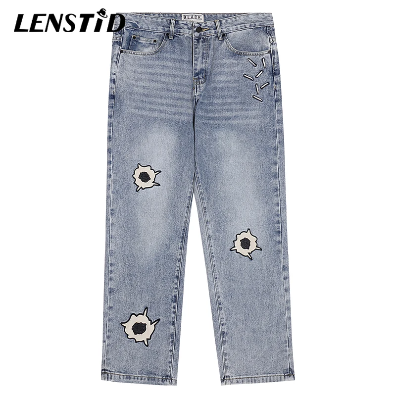 

LENSTID Autumn Men Ripped Jeans Hip Hop Bullet Hole Embroidery Denim Pants 2022 Streetwear Harajuku Casual Cotton Male Trousers