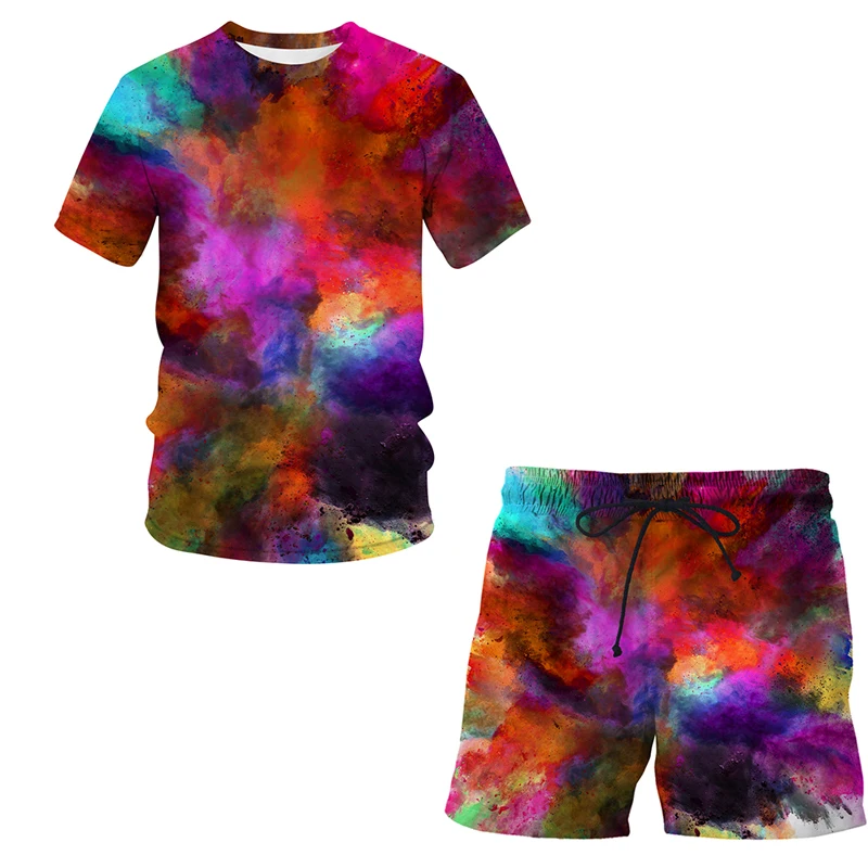 

Men's Sets Speckled tie dyeing series 3D Printing T Shirt Men T-Shirt Street Fashion Short-Sleeved Round Neck Tees Shorts Loose