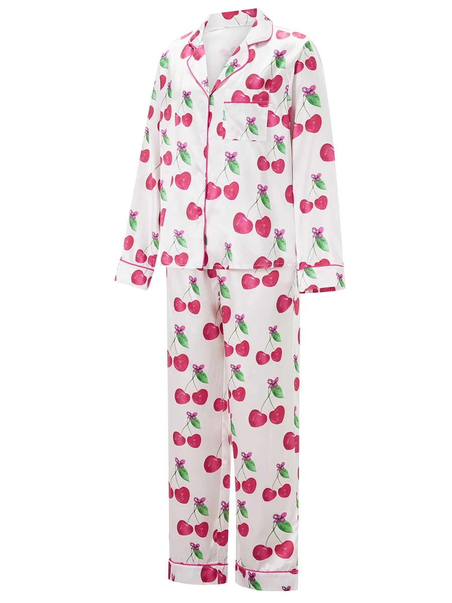 Женский атласный пижамный комплект с вишневым принтом топы на пуговицах