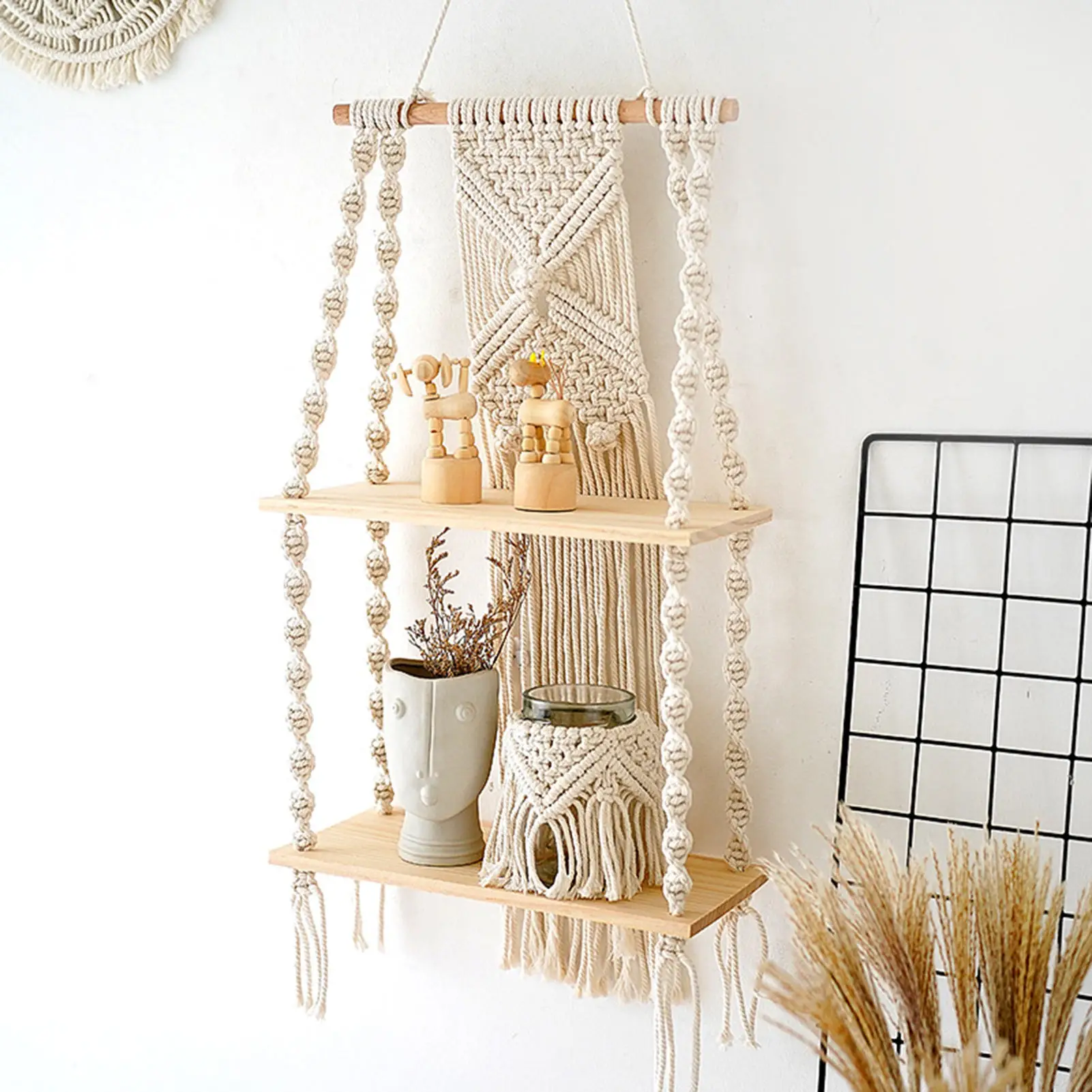 

Macrame Wall Floating Shelf 2 Tier Large White Hand Woven Tassel Tapestry Rack Macrame Wall Hangings Shelf For Plant Holder Hang