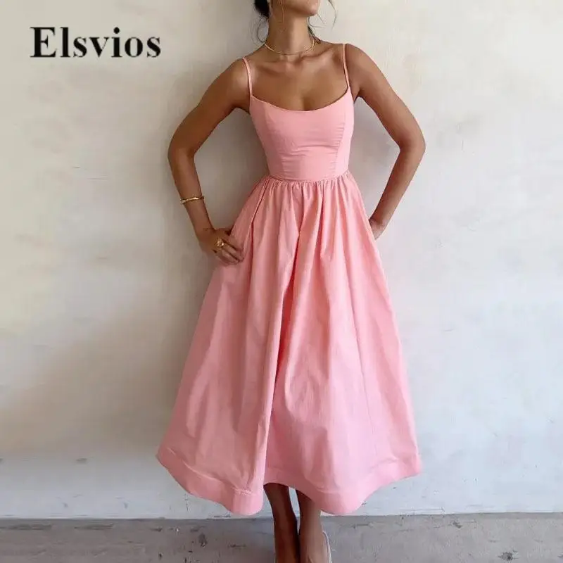 

Retro Elegant Sling Evening Party Dress Fashion Sexy Sleeveless Women A-Line Dress Casual Solid Lady Patchwork Pleat Slim Dress