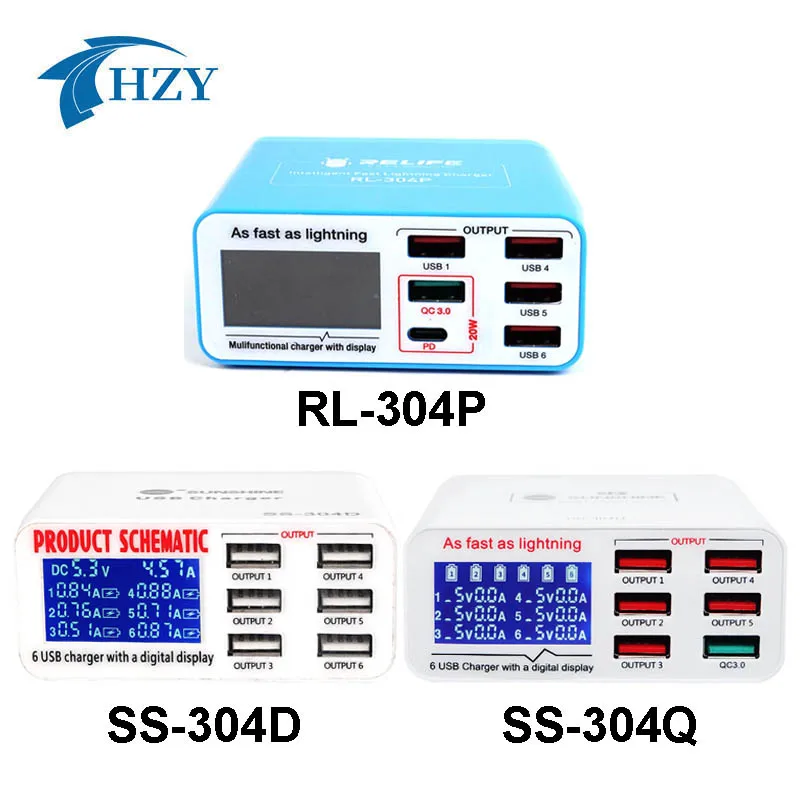 

RELIFE 304P/SS-304D/SS-304Q Smart 6 Smart 6 Port USB Digital Display Lightning Charger For iPhone Samsung Huawei Mi Vivo Oppo
