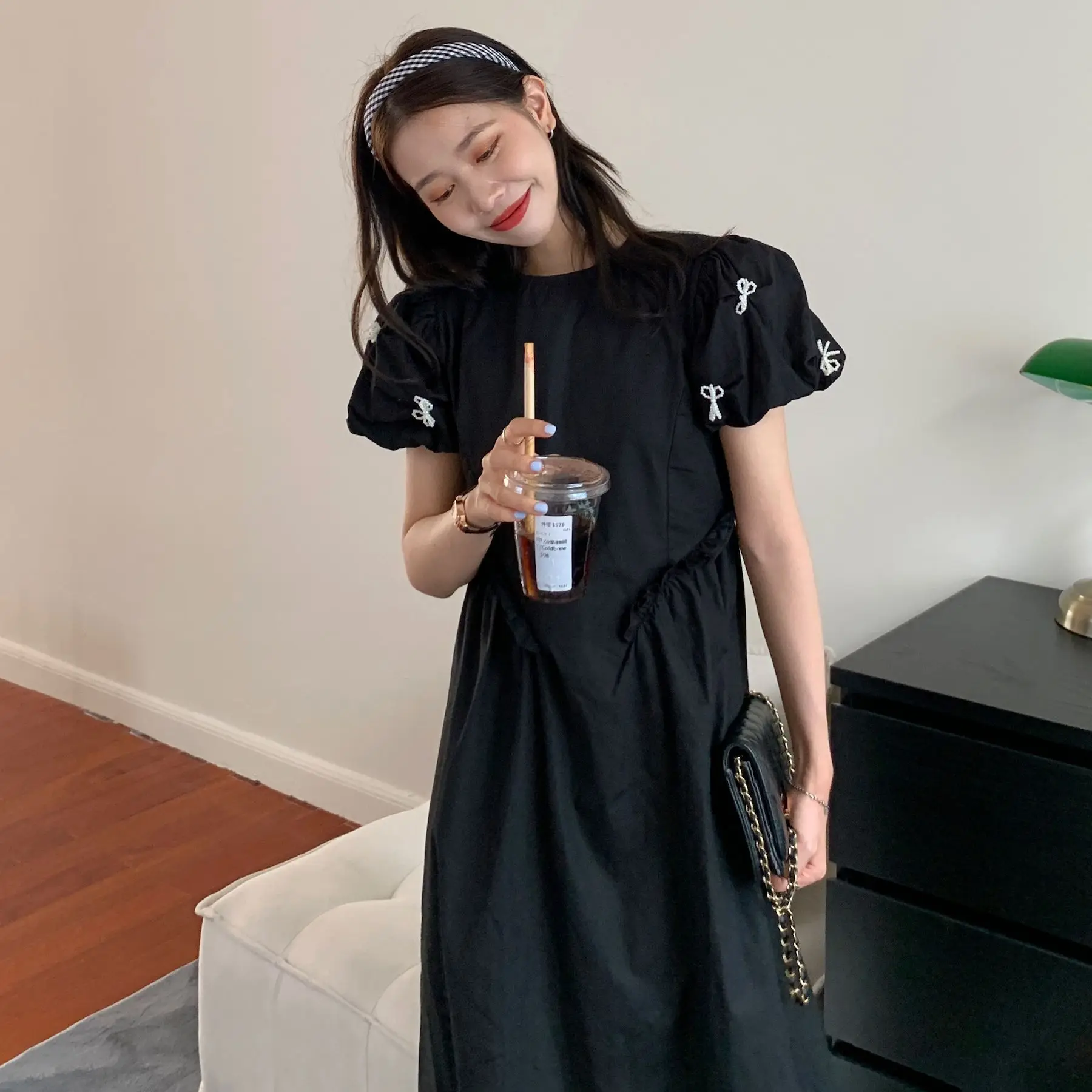 

COIGARSAM Long Women French Style Bow Puff Sleeve Pearl Black Coffee Dress Dropshipping