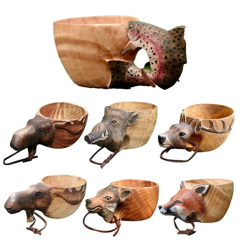 

New Hand Carved Cup Scandinavian Kuksa Wooden Mug Camping Gear Cup Kuksa Guksi Kuksa Bear/Fox/Wolf/Fish/Moose/Deer/Wild Boar Cup