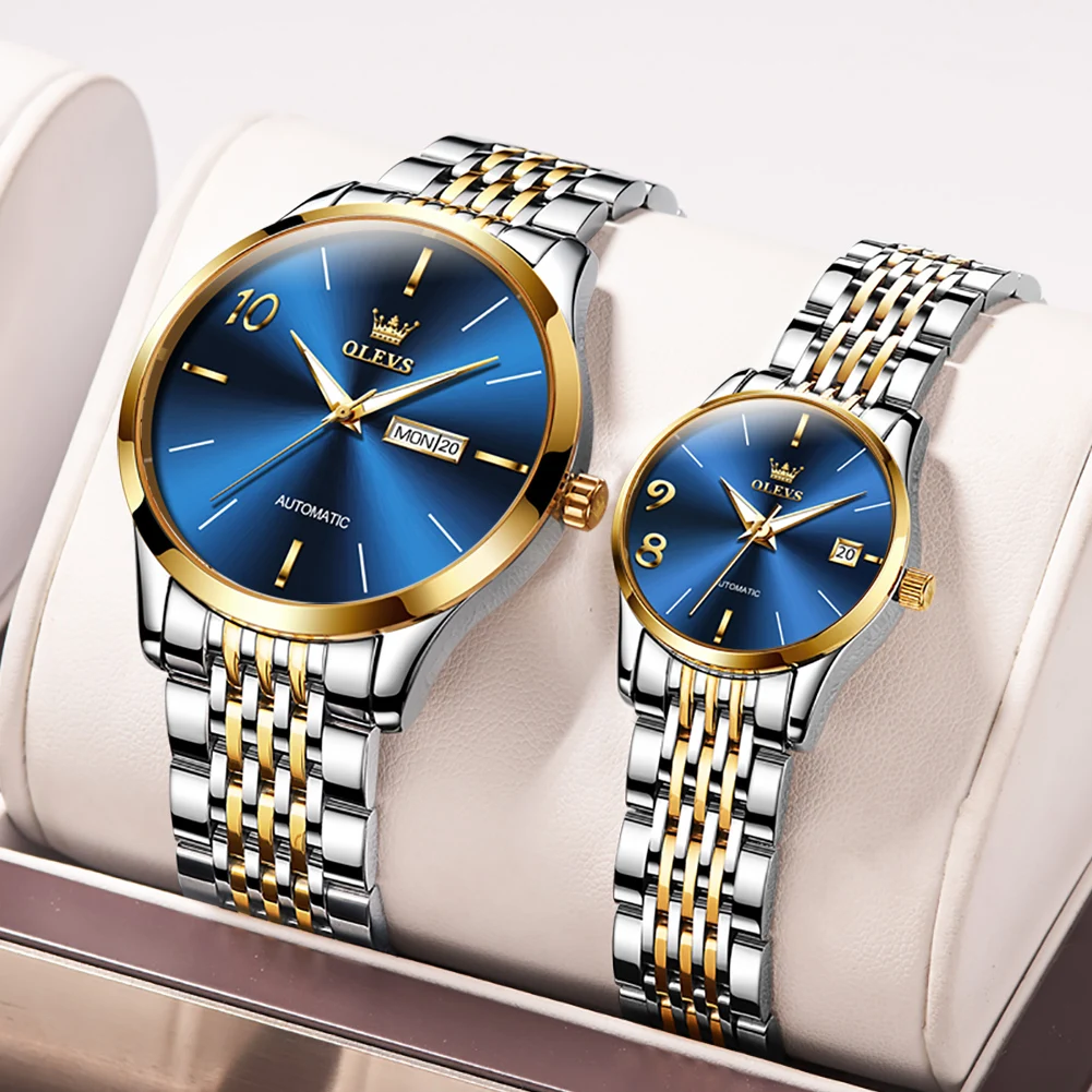 OLEVS New Fashion Couple Mechanical Watches Waterproof Luminous Luxury Couple Watch Stainless Steel Strap Automatic Wristwatch