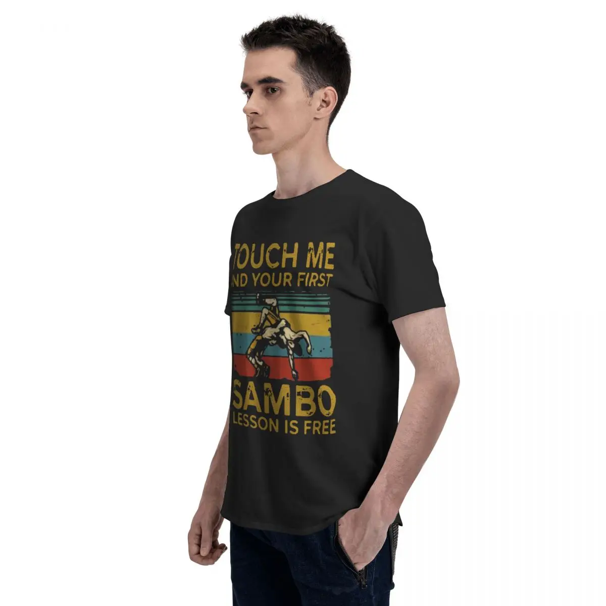 Хлопковая ретро-футболка с коротким рукавом и надписью Touch Me And Your First Sambo Is Free |