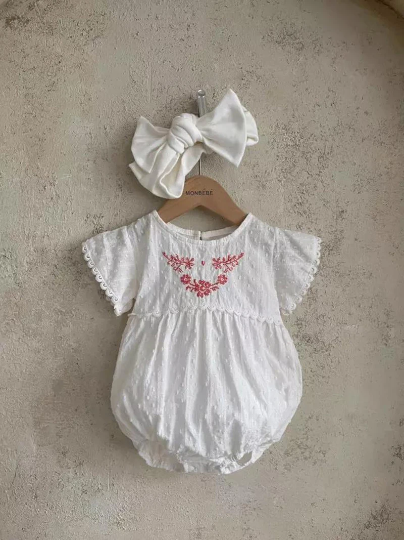 

MILANCEL 2022 New Summer Baby Rompers Cotton White Embroidery Flowers Bodysuit Toddler Jumpsuit