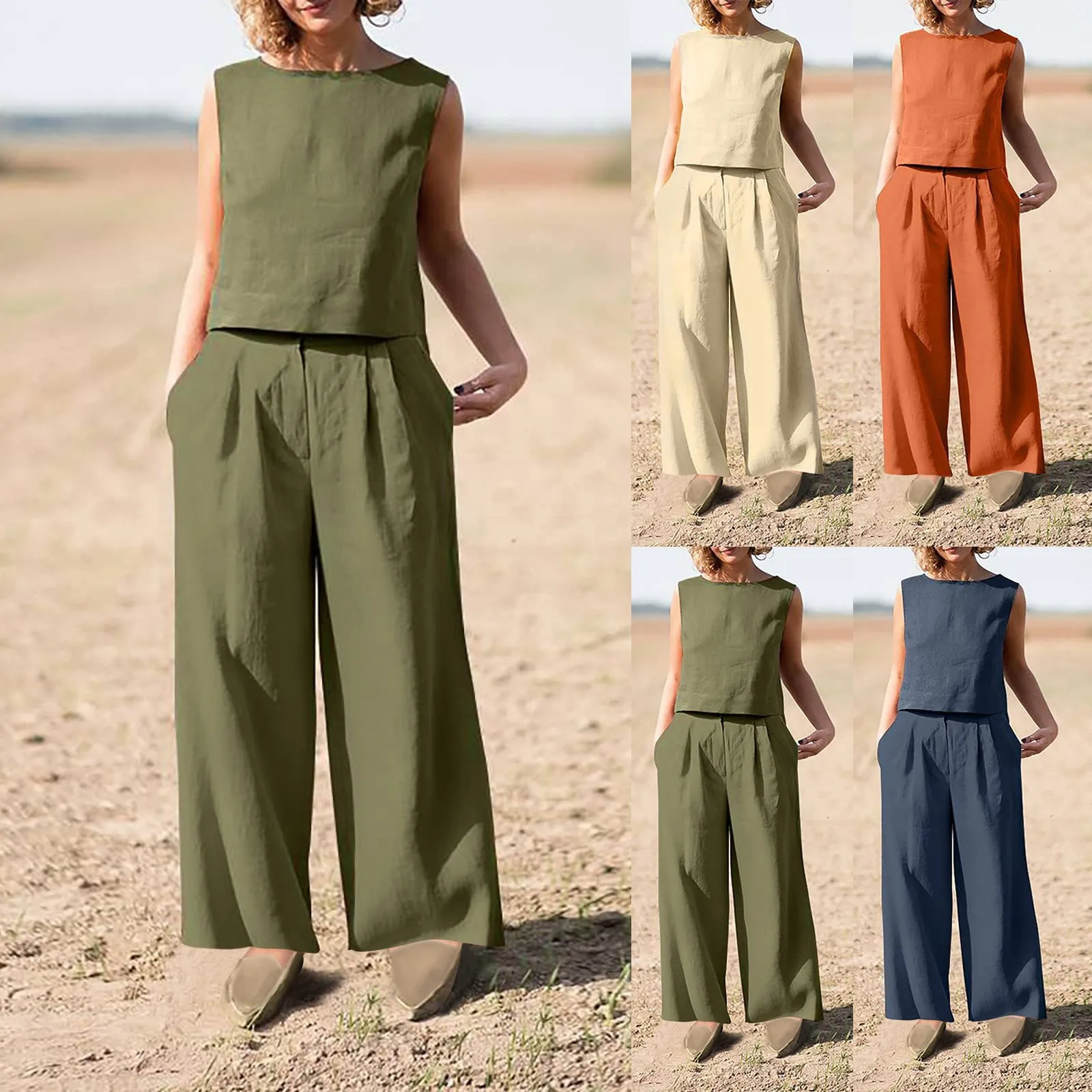 

Women Solid Color Cotton Linen Simple Sets Spring O Neck Sleeveless Tank Top & Wide Leg Pants Outfits Summer Solid Harajuku Suit