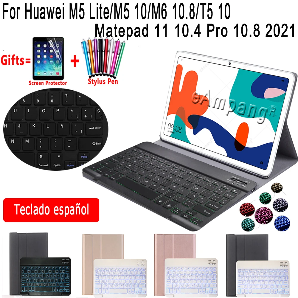 

Backlit Spanish Keyboard Case For Huawei Mediapad T5 10 M5 lite 10.1 8 M5 10 Pro M6 10.8 Matepad 11 10.4 Pro 10.8 2021 Cover