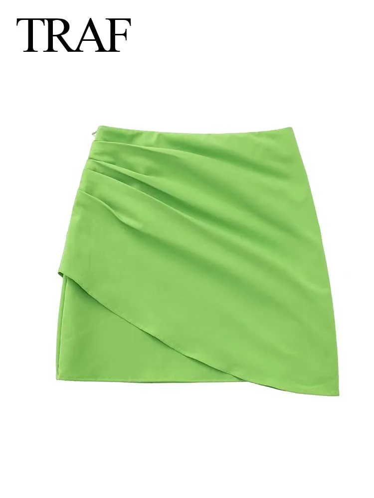 

TRAF Solid Color Skirt Women's Slim Fit Sexy Fashion Pleated Asymmetric Zipper Simple And Versatile Summer Street Daily Wear