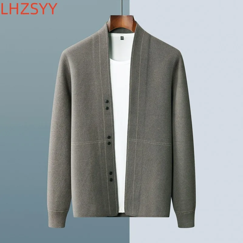 LHZSYY New Men's 100% Pure Wool Cashmere Cardigan Autumn Winter Warm Sweater Youth Loose Knit Coat High-End Casual Men's Jacket
