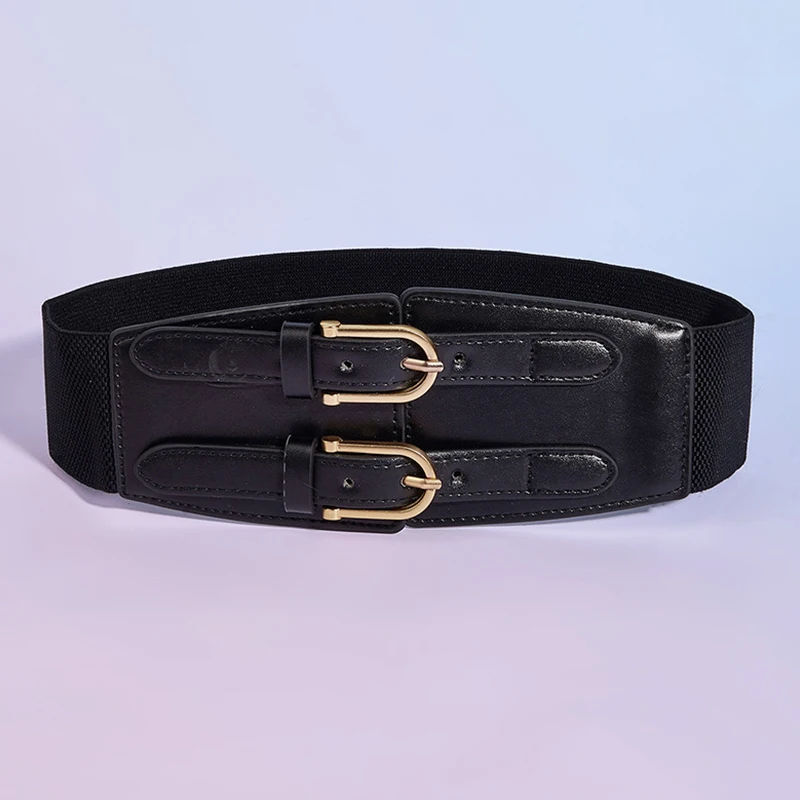 Vintage Women Faux Leather Buckle Elastic Wide Belt Strap Solid Color Waistband Waist Corset for Women Slimming Belt