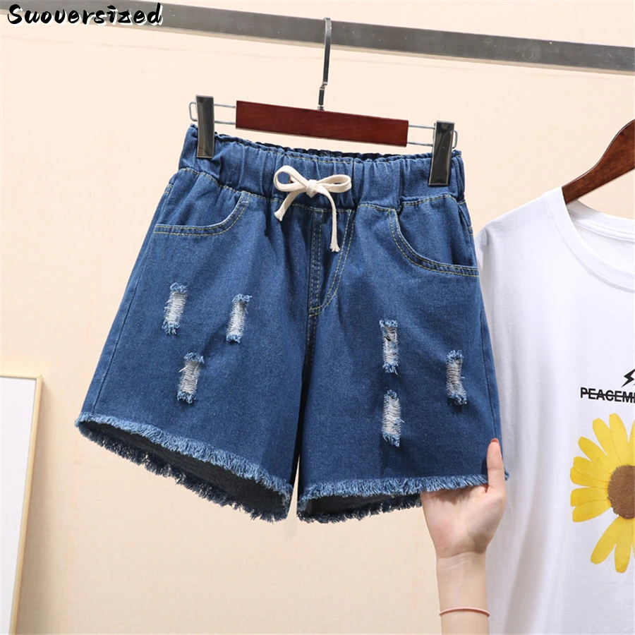 Oversize 7xl Hole Summer Shorts Jeans Lace Up Casual Wide Leg Denim Pant Women Pantalones Cortos Baggy Korean Vaquero Short New