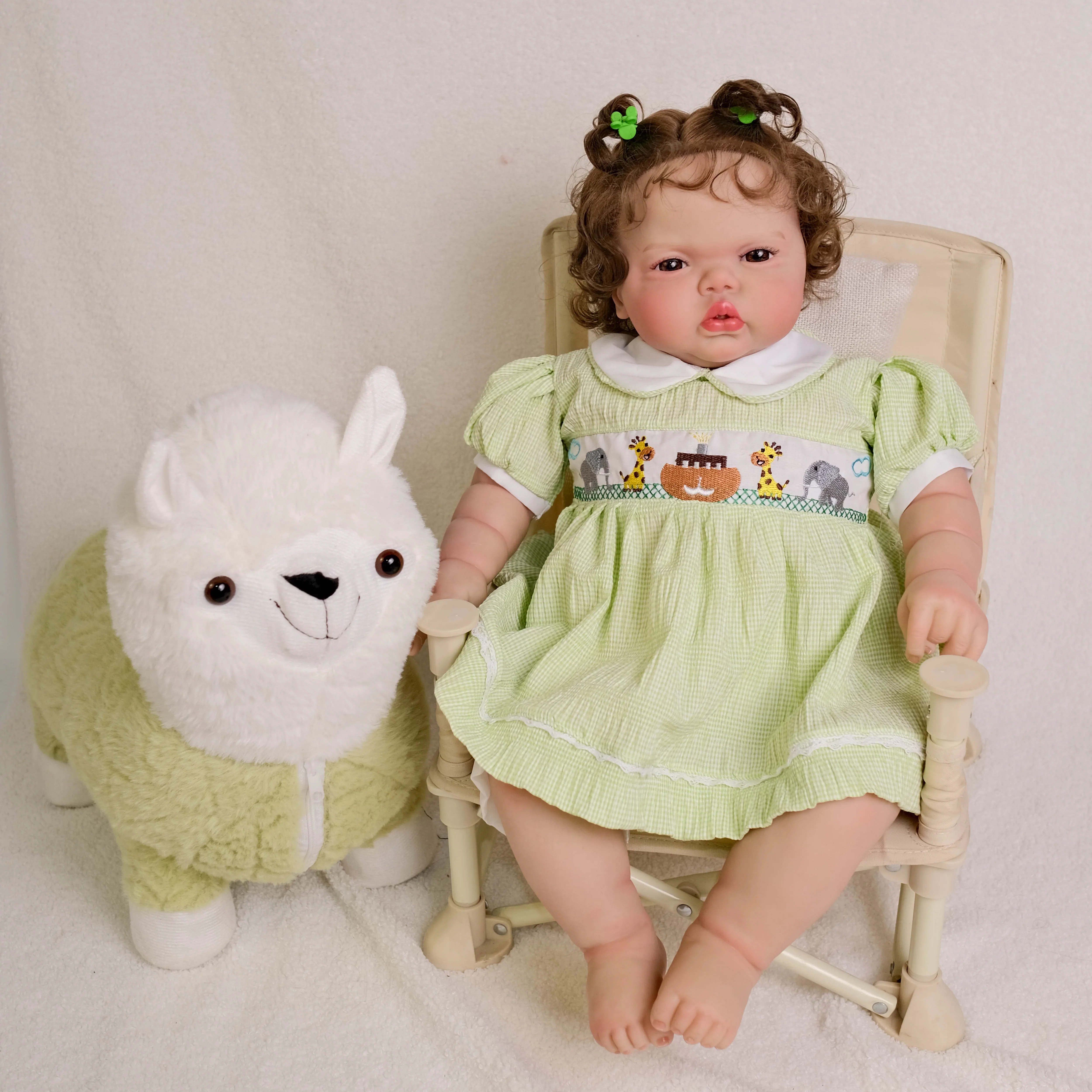FBBD 24Inch pickle Girl Awake in Soft Cloth Body Lifelike Reborn Toddler Hand Rooted Curly Brown Hair Cuddly Baby Doll