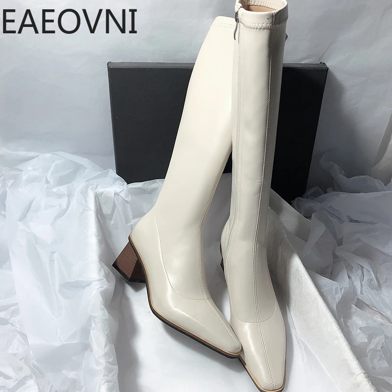 

Женские сапоги с острым носком, высокие сапоги до колена на квадратном высоком каблуке, зимняя женская обувь