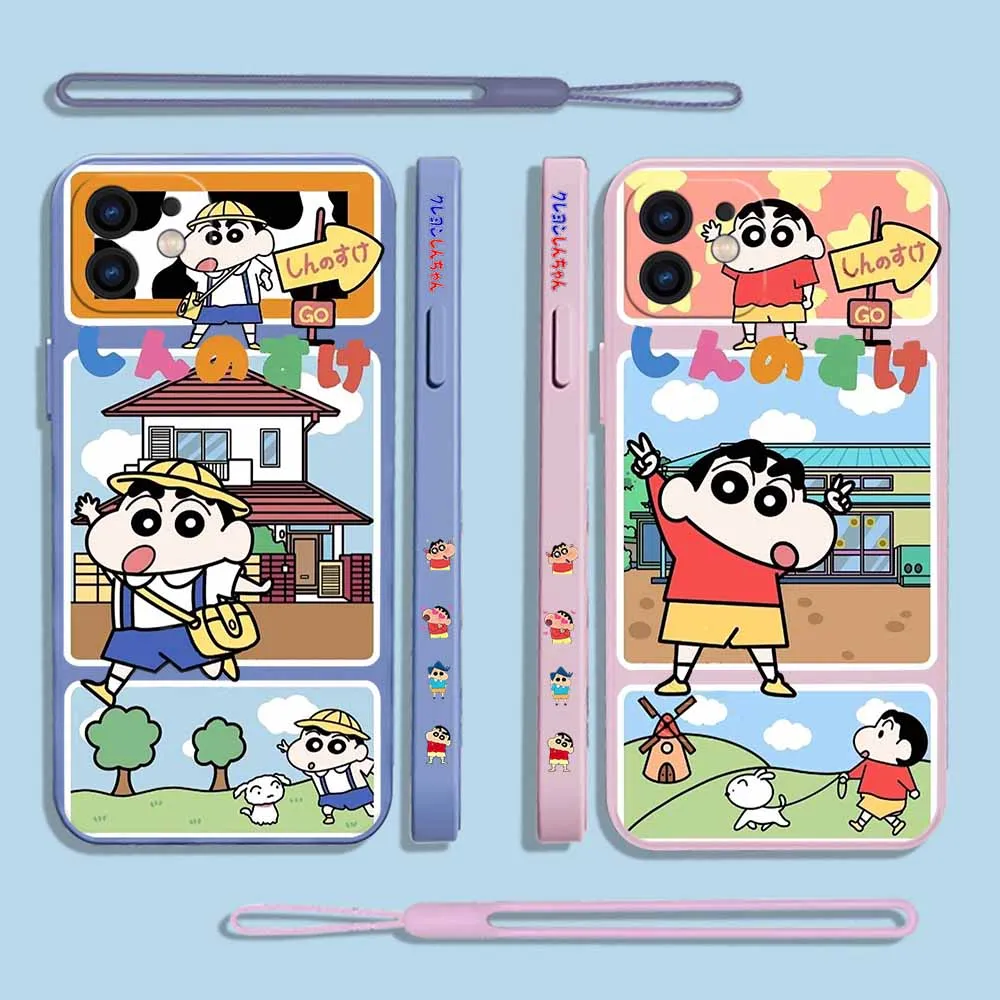

Cute Cartoon Crayons Shin-chans Phone Case for IPhone 14 13 12 11 Pro Max Mini XR XS MAX 8 7 Plus Plus Silicone with Hand Strap