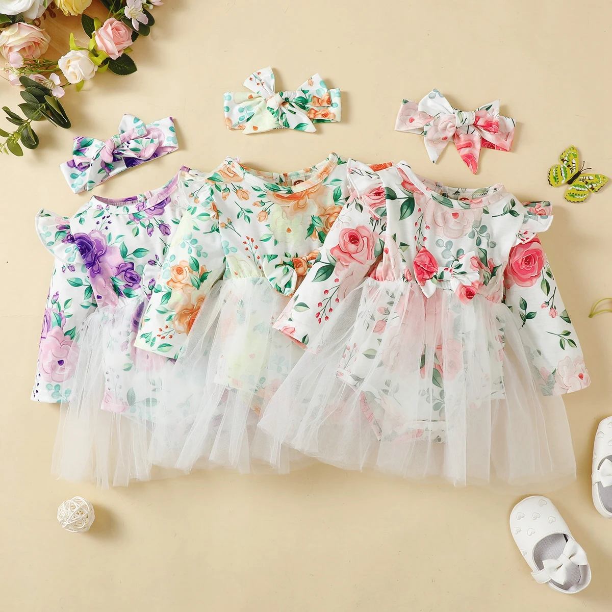 

hibobi Baby Floral Mesh Long Sleeve Triangle Romper With Headband Princess Dresses Costumes Clothes Spandex