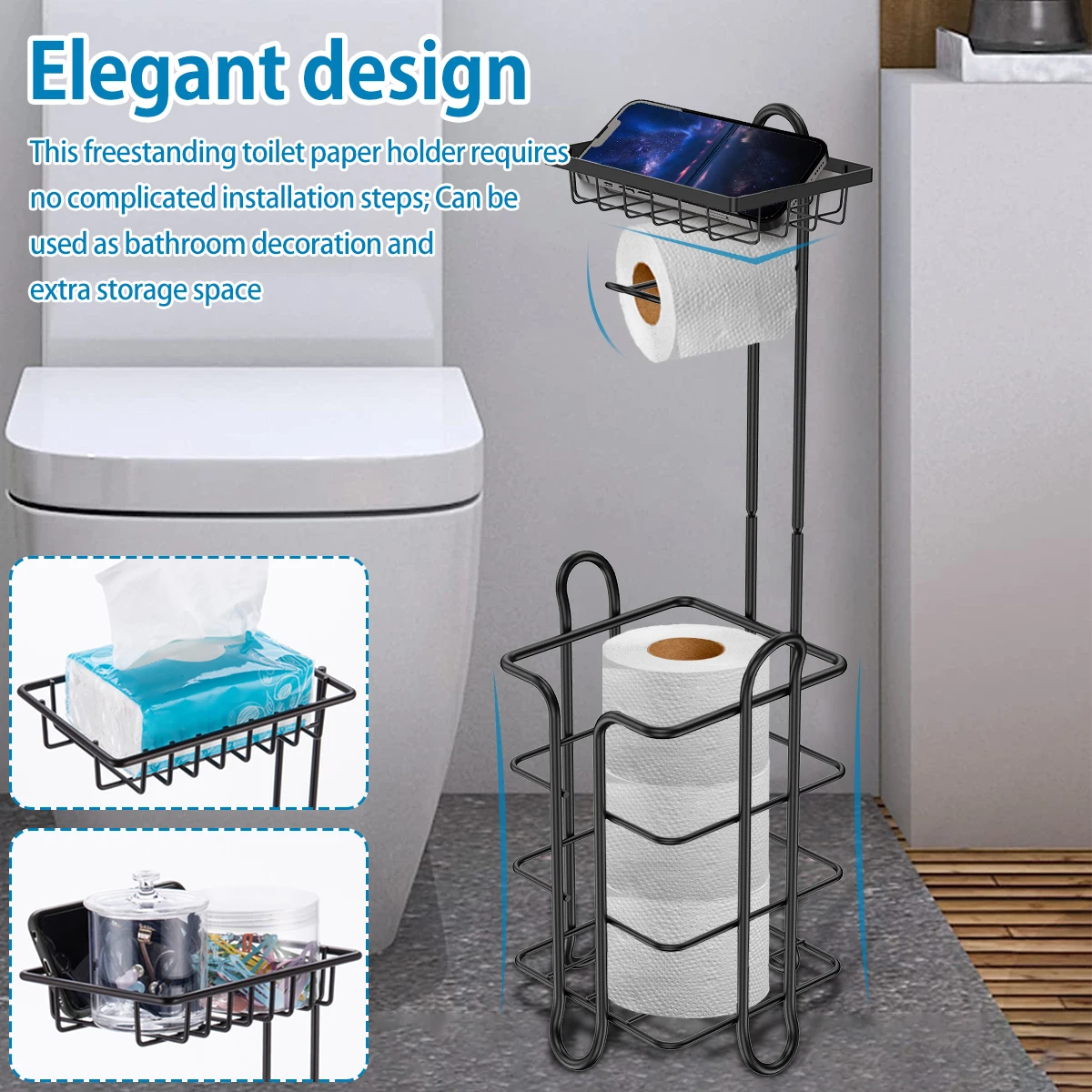 

Toilet Paper Holder Stand Stainless Steel Bathroom Paper Roll Home Multifunctional Storage Shelf for Cell Phone and Tissue